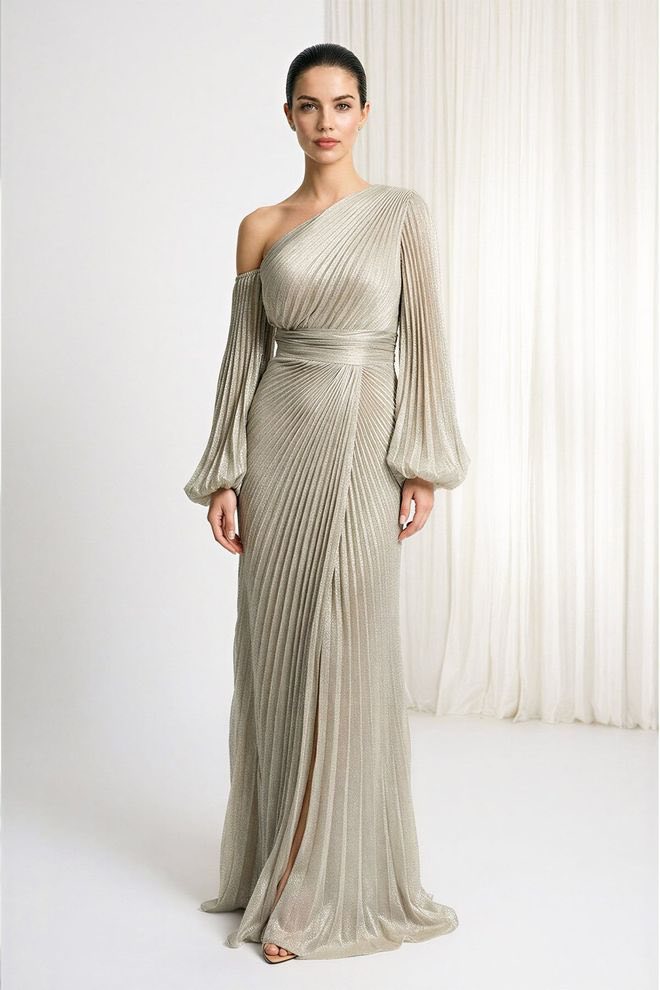 Elegant One-Shoulder Pleated Evening Gown for Women | Long Sleeve Maxi Dress