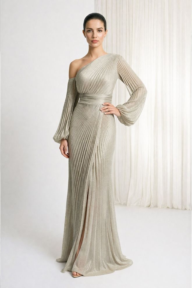 Elegant One-Shoulder Pleated Evening Gown for Women | Long Sleeve Maxi Dress