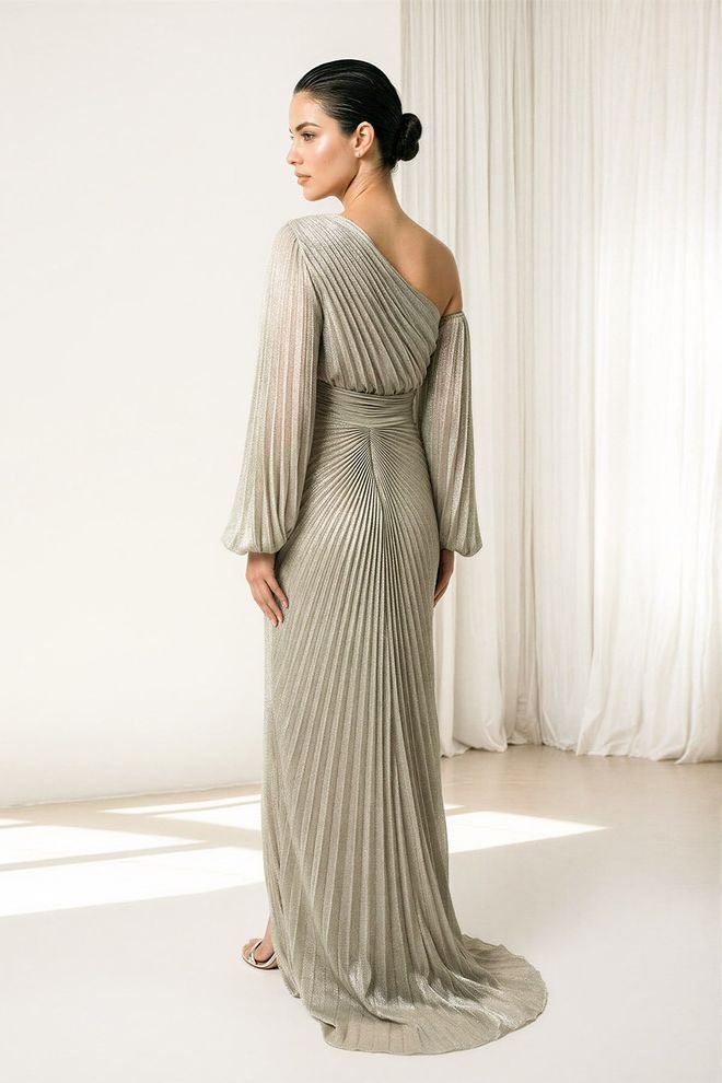 Elegant One-Shoulder Pleated Evening Gown for Women | Long Sleeve Maxi Dress