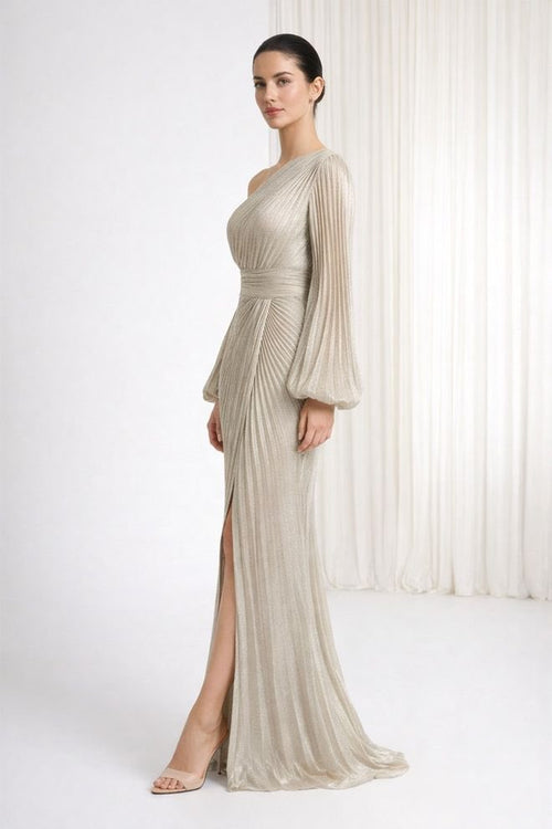 Elegant One-Shoulder Pleated Evening Gown for Women | Long Sleeve Maxi Dress