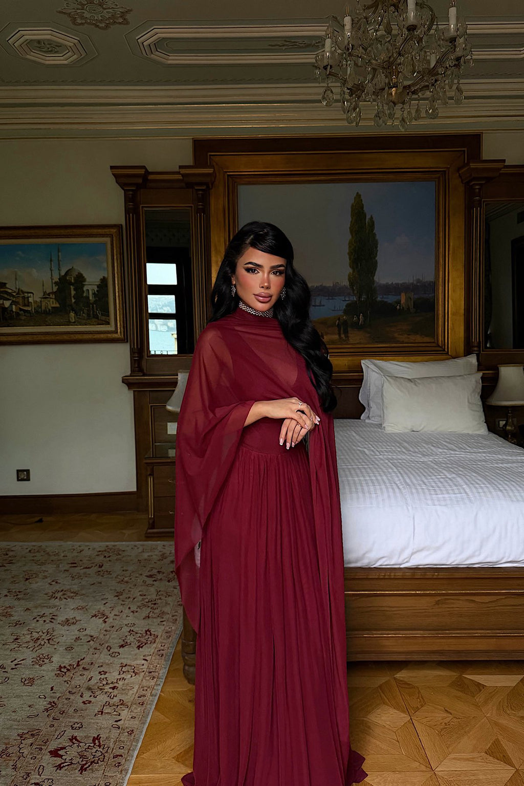 Elegant Burgundy Tulle Detail Evening Dress Model for Women