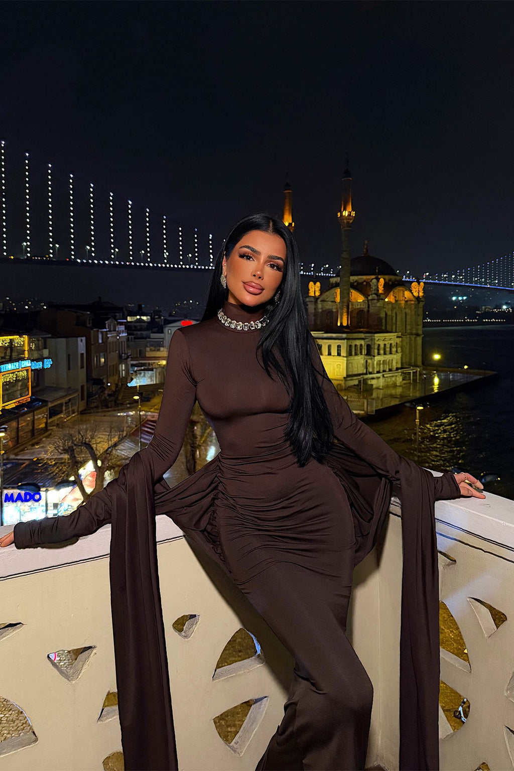 Elegant Dark Brown Long Sleeve Evening Maxi Dress for Women