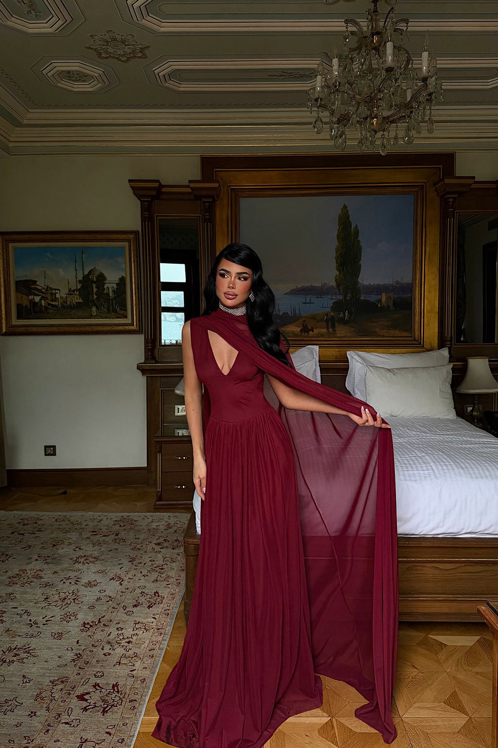 Elegant Burgundy Tulle Detail Evening Dress Model for Women