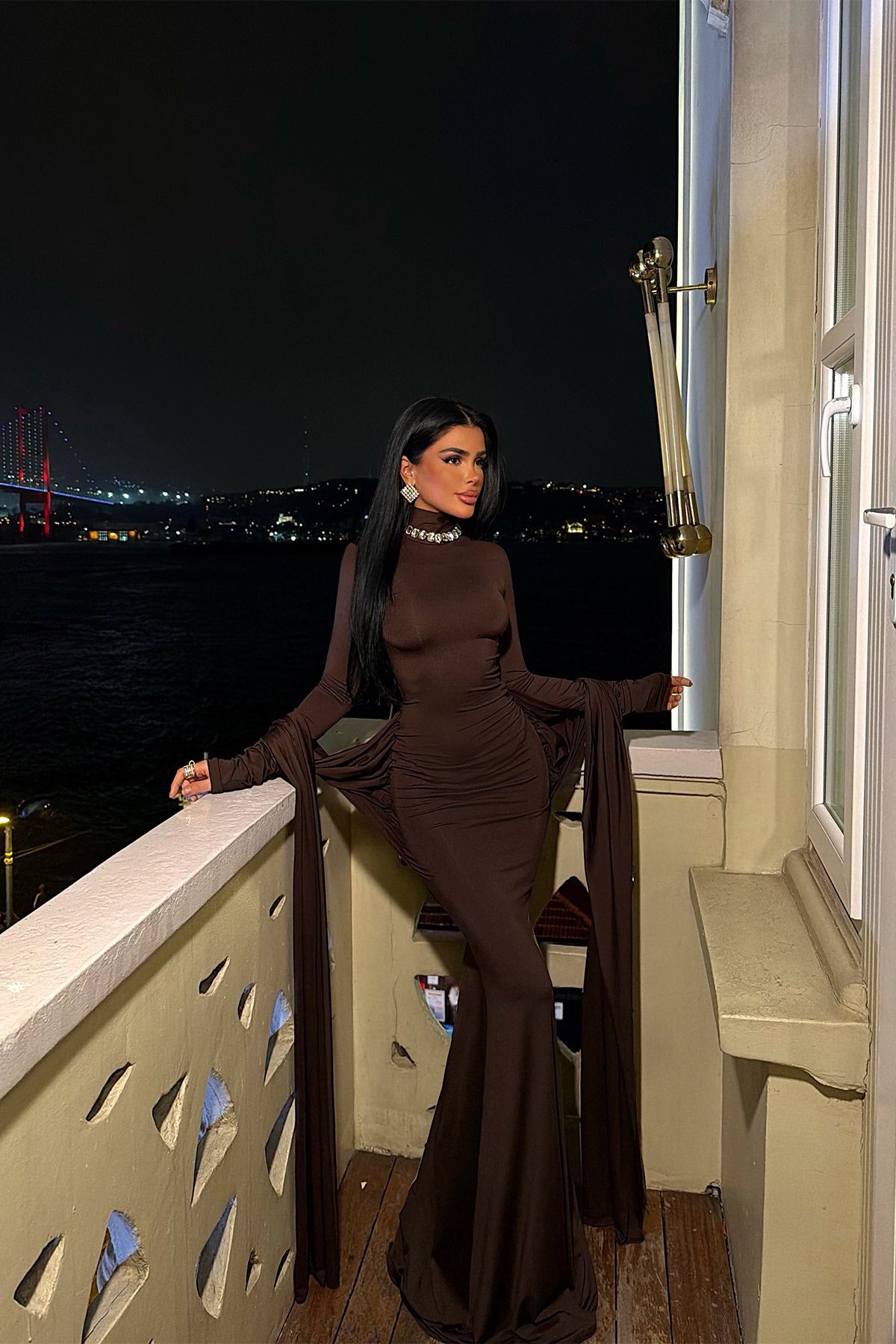 Elegant Dark Brown Long Sleeve Evening Maxi Dress for Women