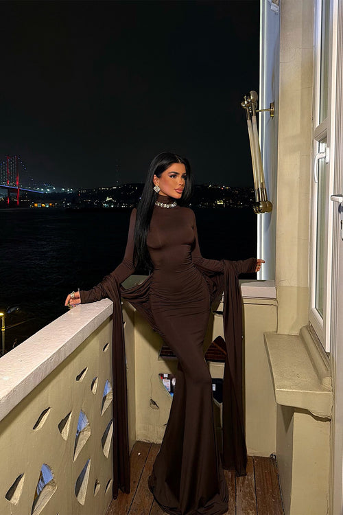 Elegant Dark Brown Long Sleeve Evening Maxi Dress for Women