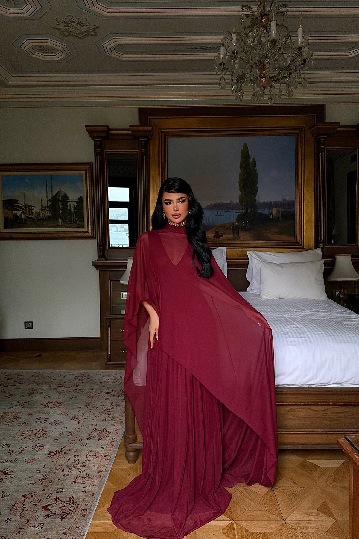 Elegant Burgundy Tulle Detail Evening Dress Model for Women