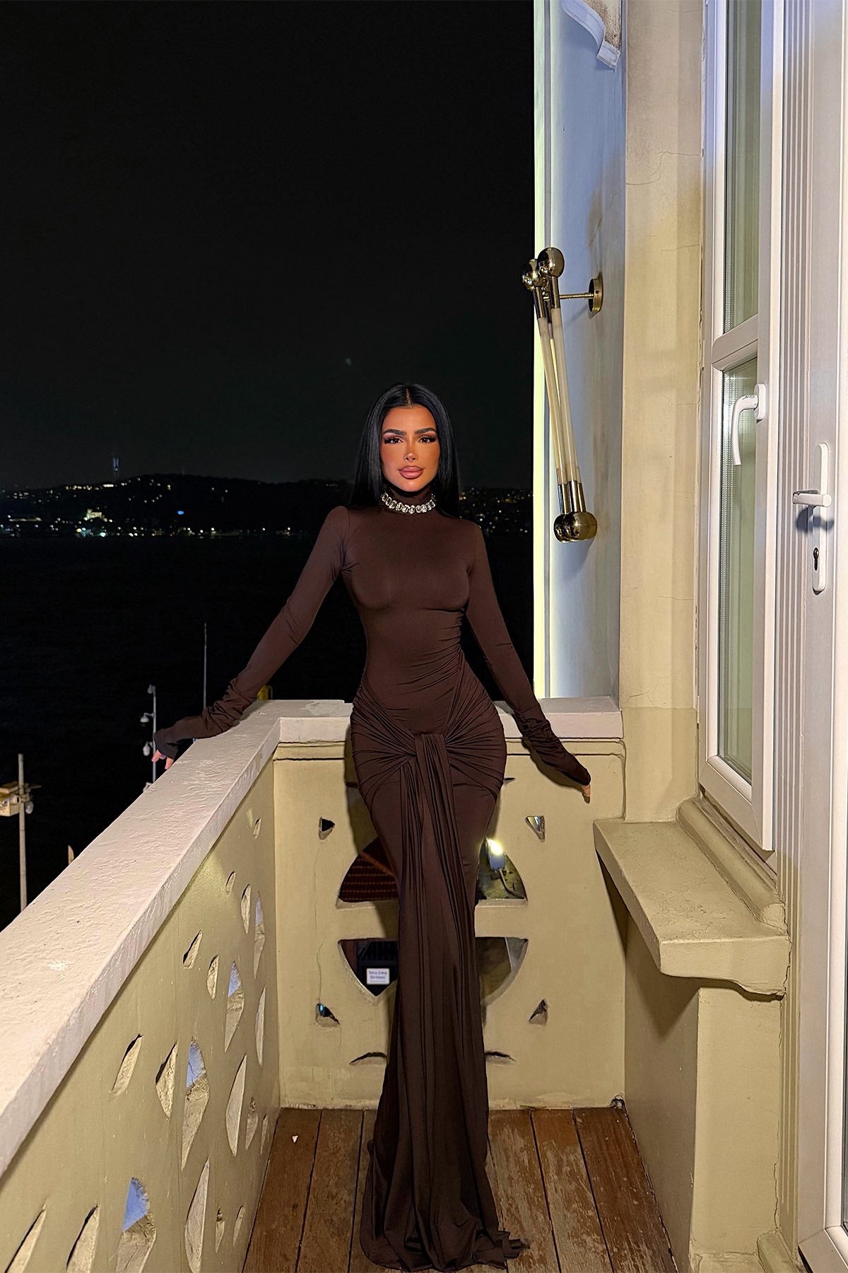 Elegant Dark Brown Long Sleeve Evening Maxi Dress for Women