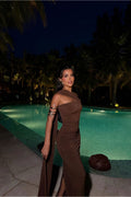 Mocha Elegance Ruched Evening Dress ✨