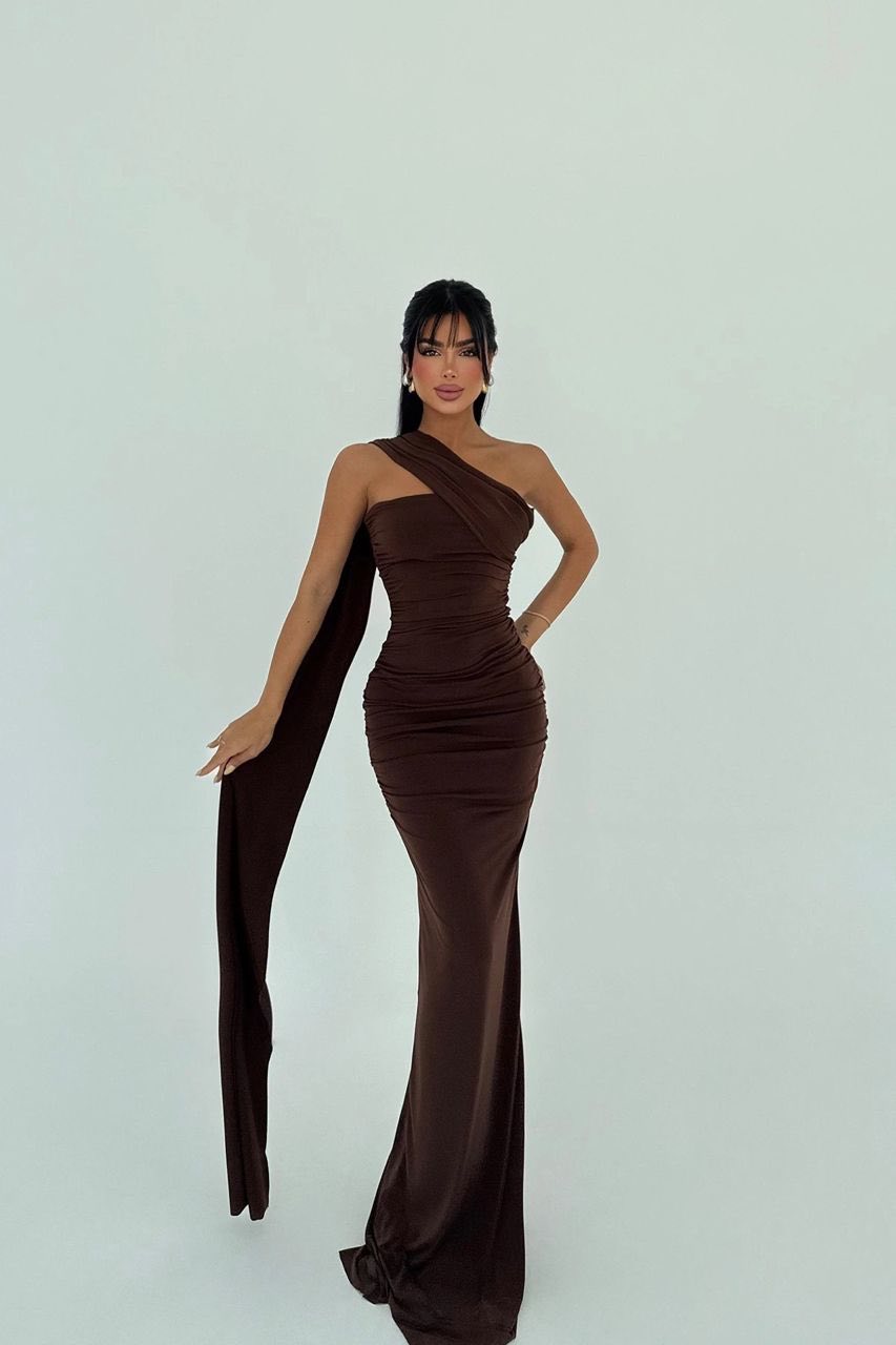 Mocha Elegance Ruched Evening Dress ✨