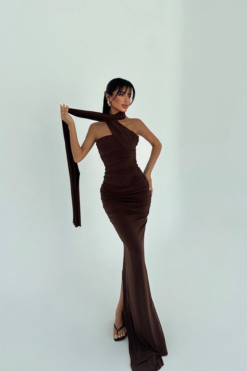 Mocha Elegance Ruched Evening Dress ✨