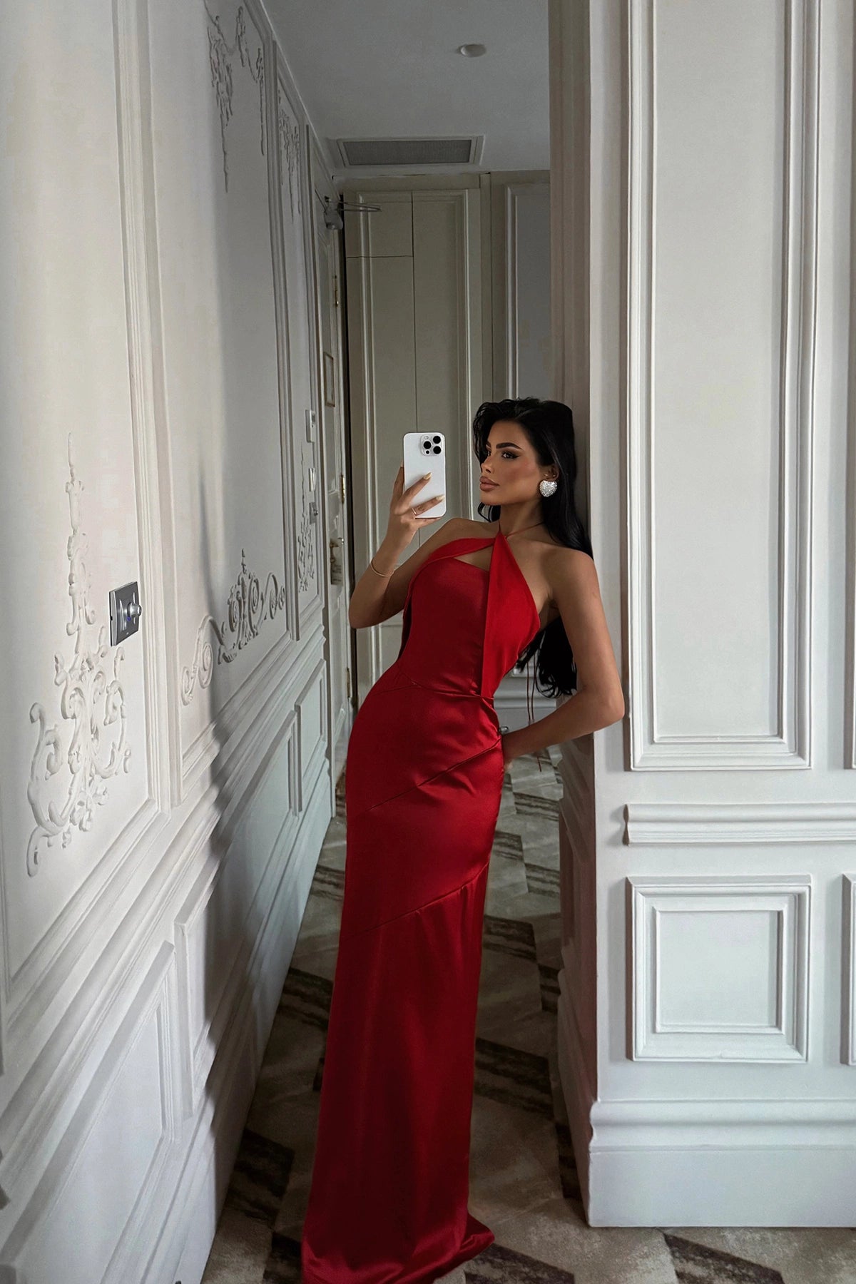 Red Satin Backless Maxi Dress for Women