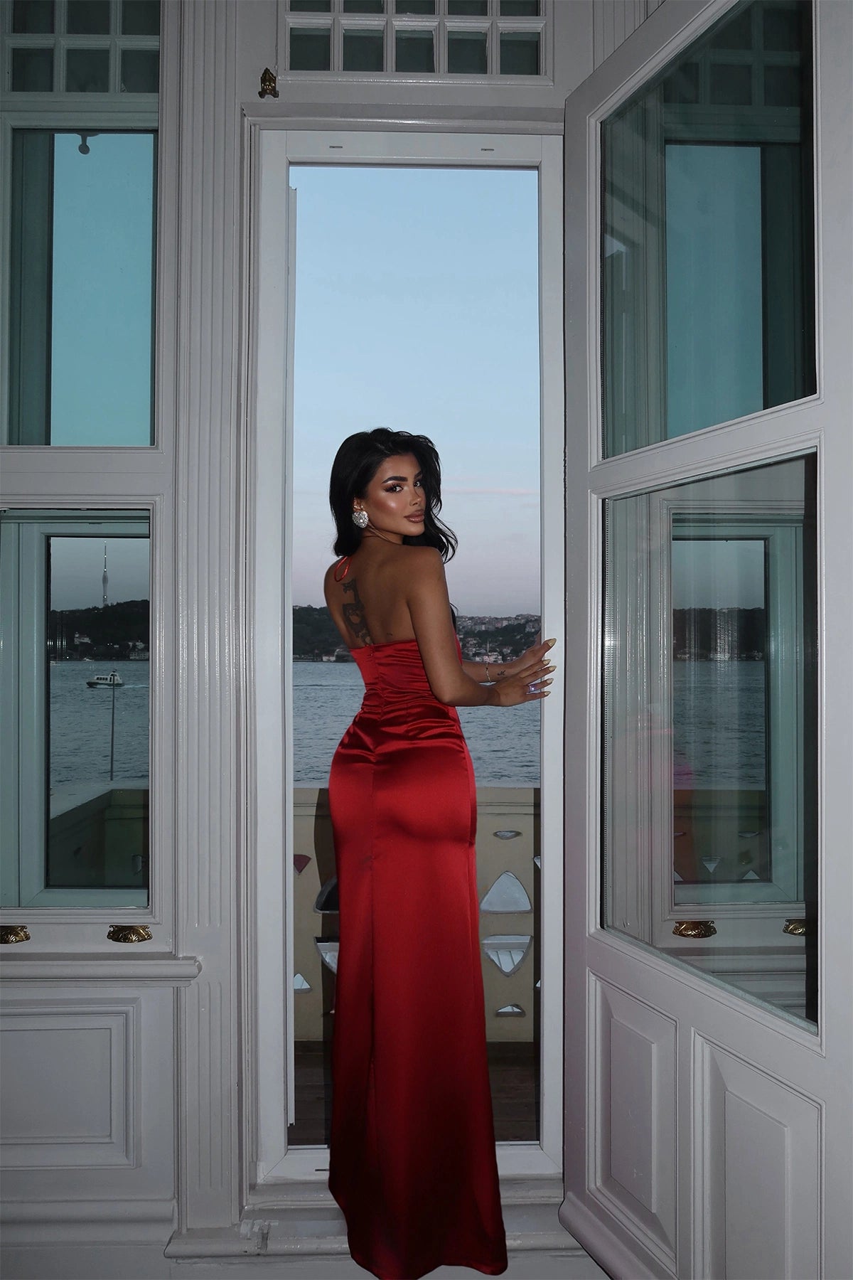 Red Satin Backless Maxi Dress for Women