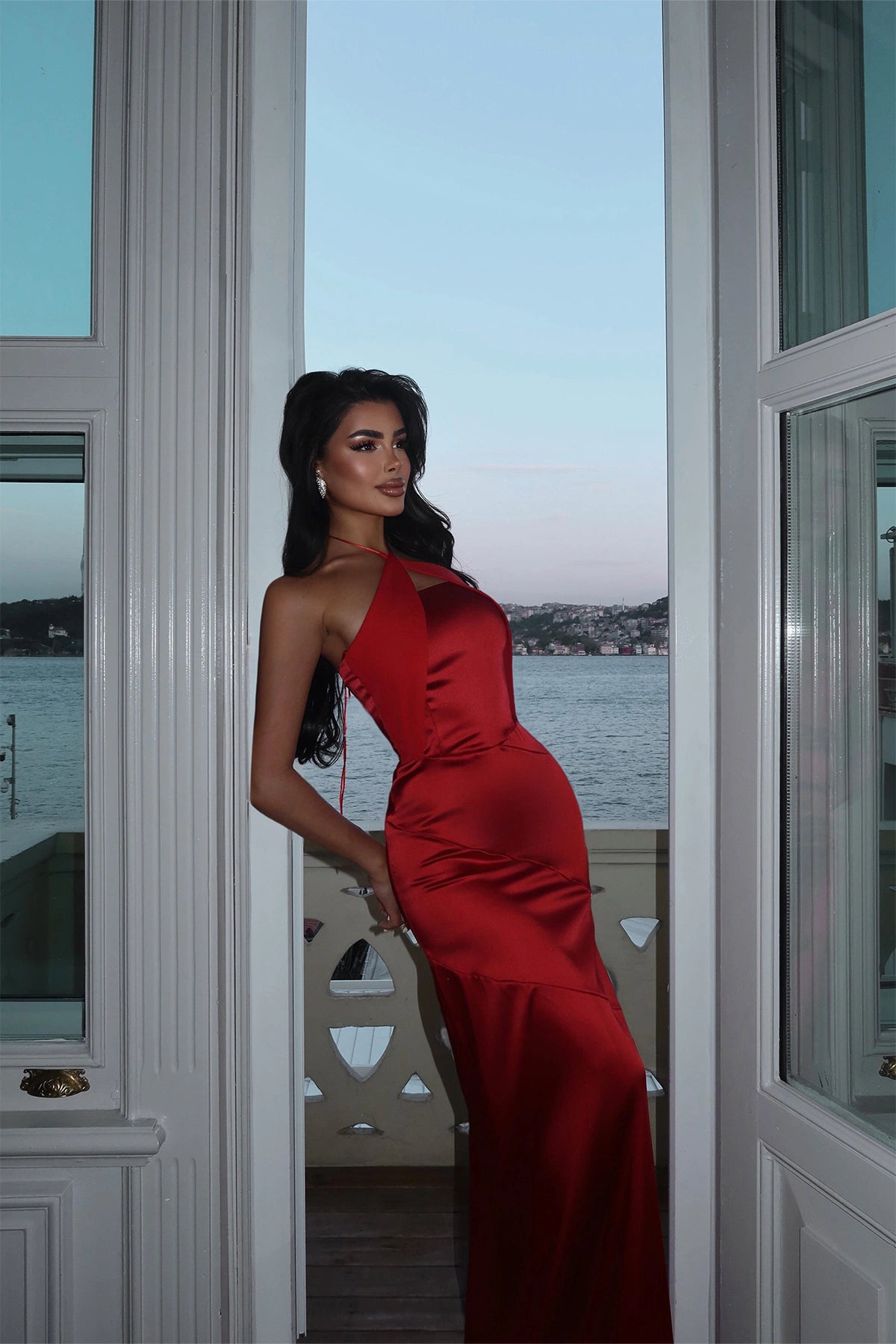 Red Satin Backless Maxi Dress for Women