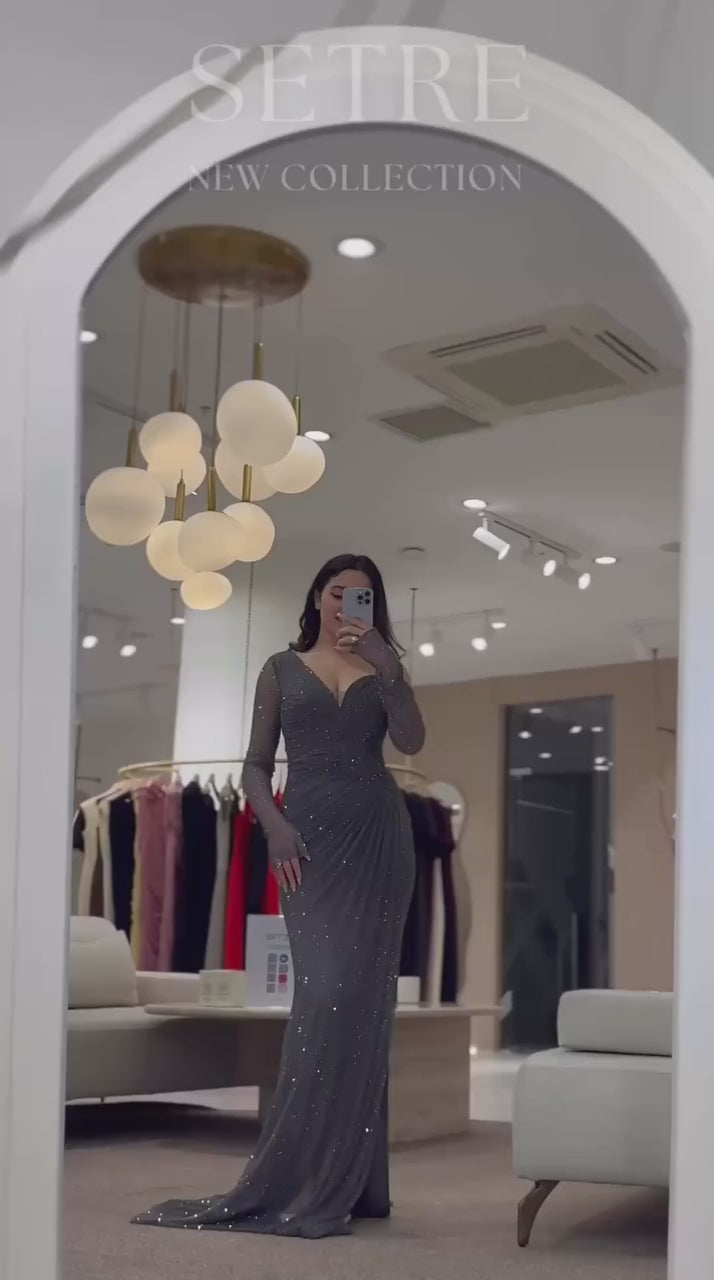 Sparkly Long Sleeve Evening Maxi Dress for Women | Elegant V-Neck Formal Gown